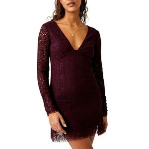 Free People Burgundy Lace Deep V Back Tie Long Sleeve Mini Dress
